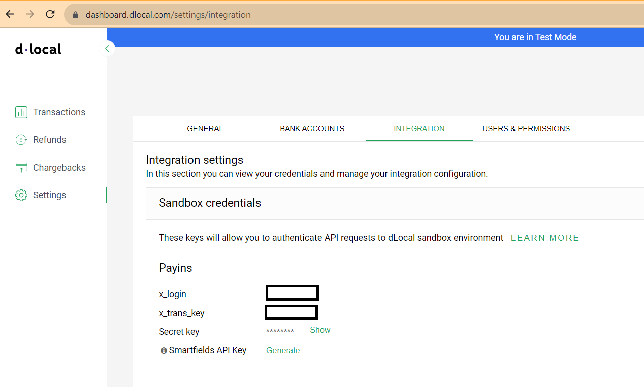 DLocal Integration Settings