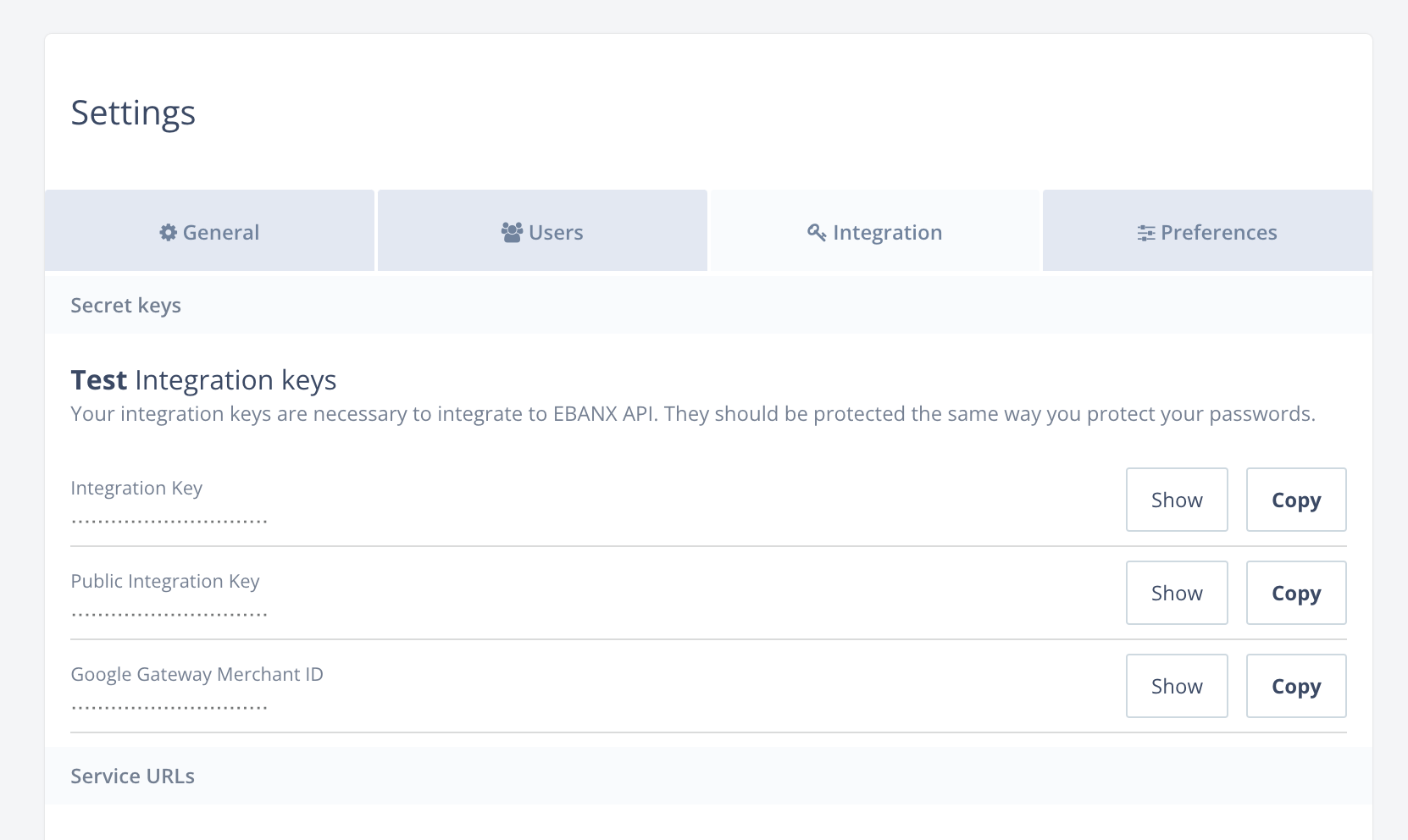 EBANX Integration Settings